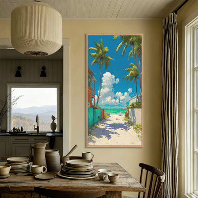  Extra Large Vertical Framed Tropical Canvas Wall Art Coastal Beach Scene Print, Palm Tree Wall Art Vibrant Blue Ocean Picture, Sunlit Beach Pathway Artistic for Living Room Bedroom 24x48"