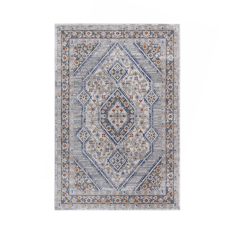 Tapis bleu / crème / bordé non délesté pour la chambre à coucher, salle à manger, bureau à domicile, élégant et résistant aux taches