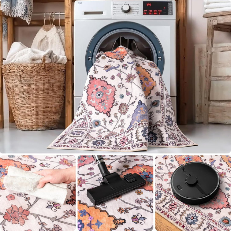 Indoor&Outdoor Washable Area Rug Beige Gorgeous flowers Vintage Low Pile Rug for Living Room Bedroom Wedding Banquet