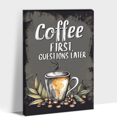 «Coffee First Questions Ensuite», art mural sur toile de cuisine, affiche de salle à manger, tasse à café rustique, reproduction d'art sur toile rétro, peinture prête à être suspendue pour la cuisine et la salle à manger