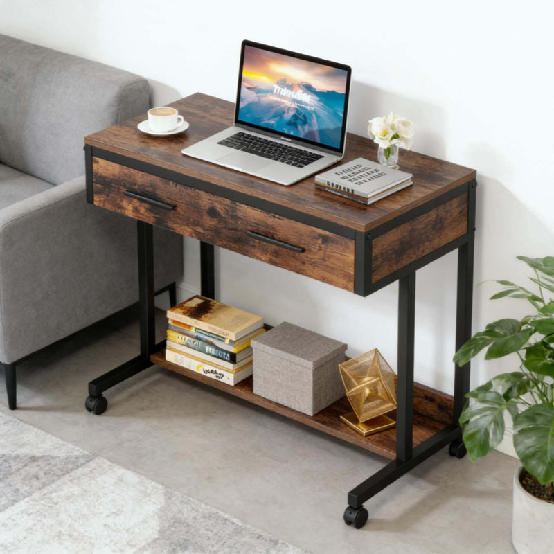 Table de bureau, bureau compact avec roues, bureau d'écriture à hauteur réglable, table basse mobile