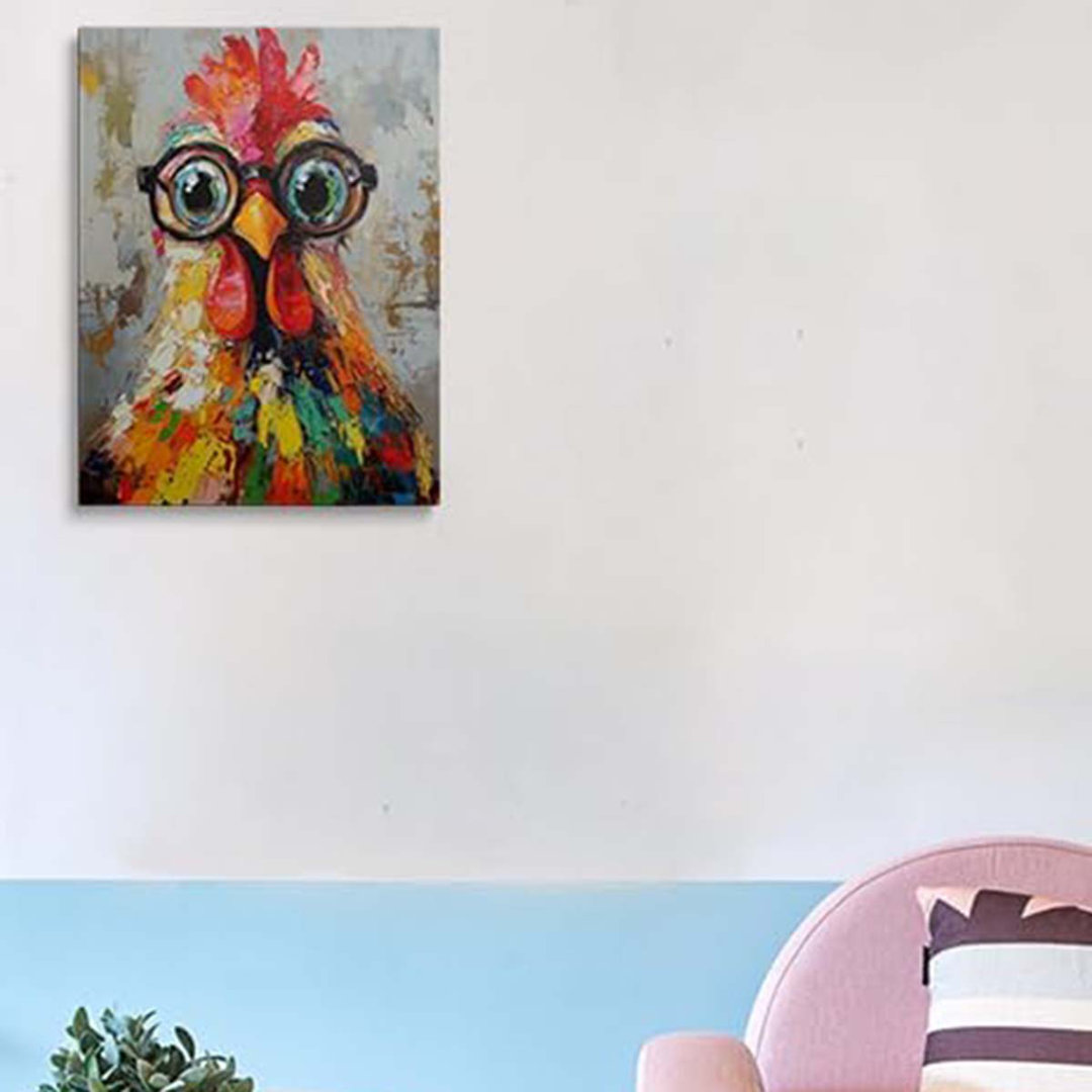 Chicken With Glasses Picture Wall Decor Framed Rooster Graffiti Canvas Wall Art Colorful Cock Animal.