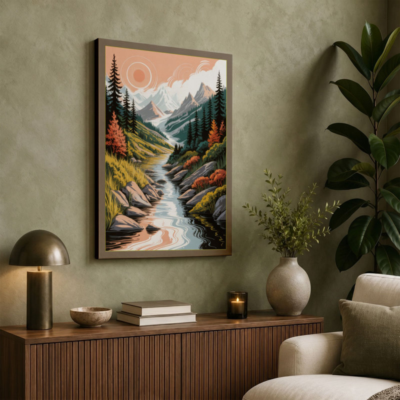 Mountain River Valley Scandinavian 1 Piece Wrapped Canvas Wall Art, 18x12 - 45.7 x 30.5 cm, Black Border