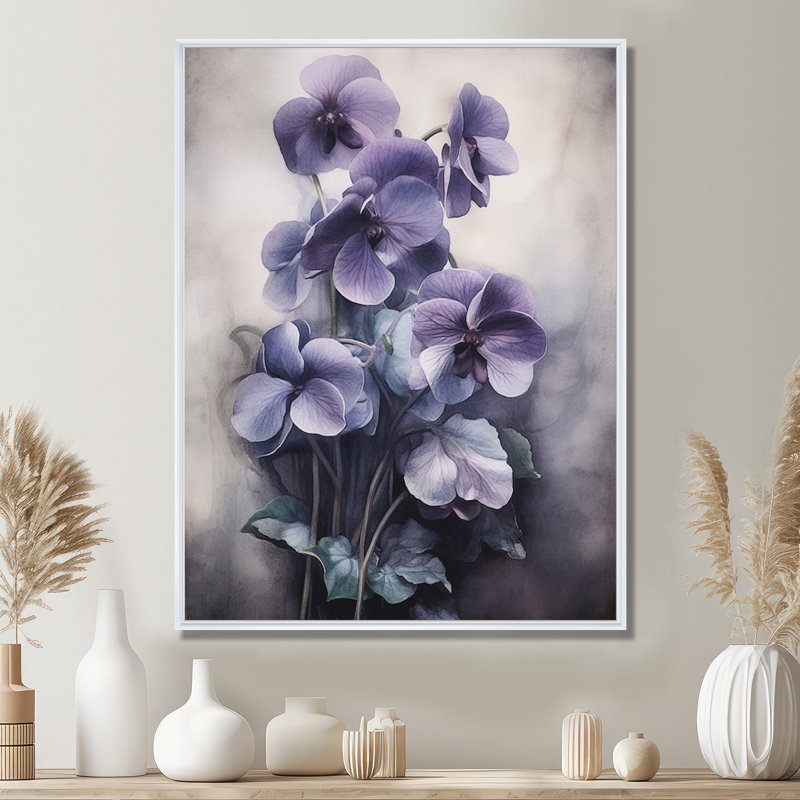 Mauve gris, violettes, rêve II - art mural floral, H 32 po x l 24 po x P 1 po, Cadre flottant blanc