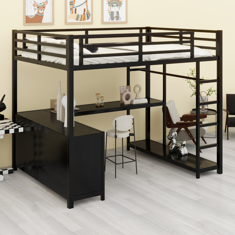 Lit mezzanine en métal avec cubes de rangement, tablettes et bureau en L