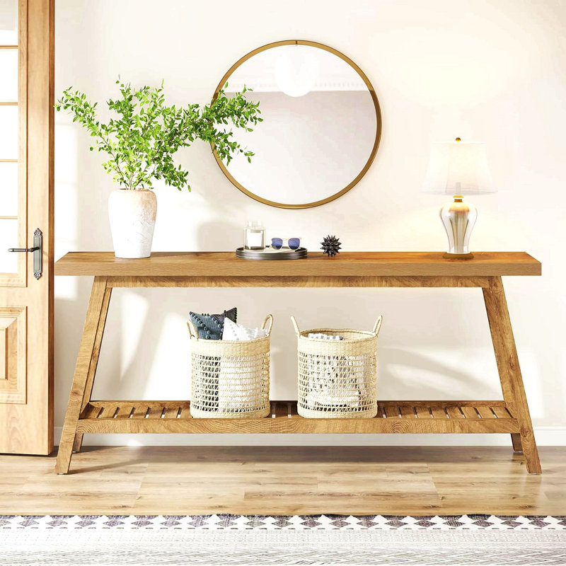 Console de style campagnard extra long de 70,9 po, table d'entrée en bois massif avec rangement ouvert à 2 niveaux, canapé rustique étroit derrière le canapé pour le couloir, le salon ou le vestibule, brun clair