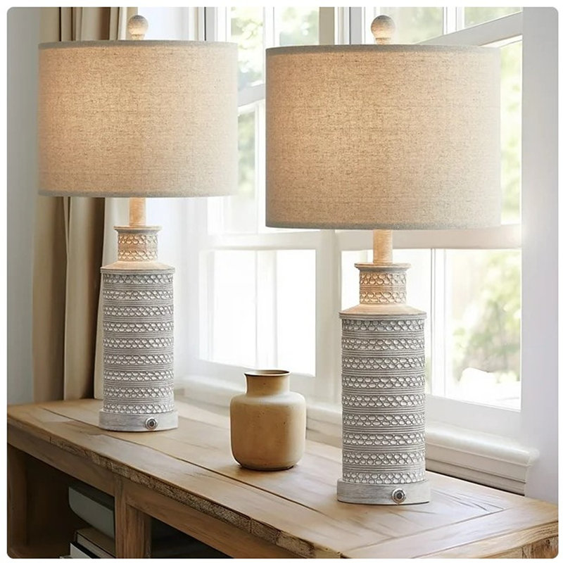 24.5" Beige and Gray Resin Farmhouse Table Lamp Set