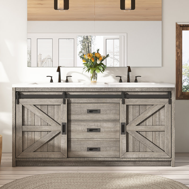 Meuble-lavabo double en bois manufacturé à 2 tiroirs et 2 portes Chimira, Gris, 33.7" H x 60" W x 21.7" D
