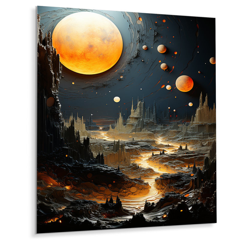 Céleste planète dorée dans un système solaire I - art mural en métal Planète de l'espace, H 32 po x l 16 po x P 1 po