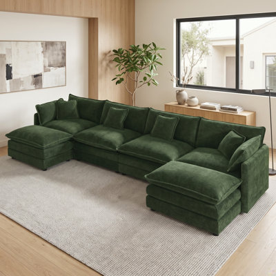 Modular U-Shaped Sectional Sofa with 2 Movable Ottomans and Deep Seating, Dark Green