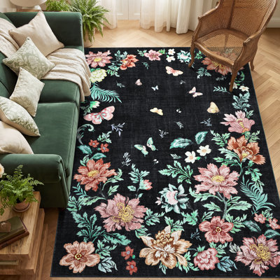 Tapis floral résistant aux taches, tapis antidérapant et à poils courts, tapis lavable pour le salon, la chambre à coucher et la salle à manger