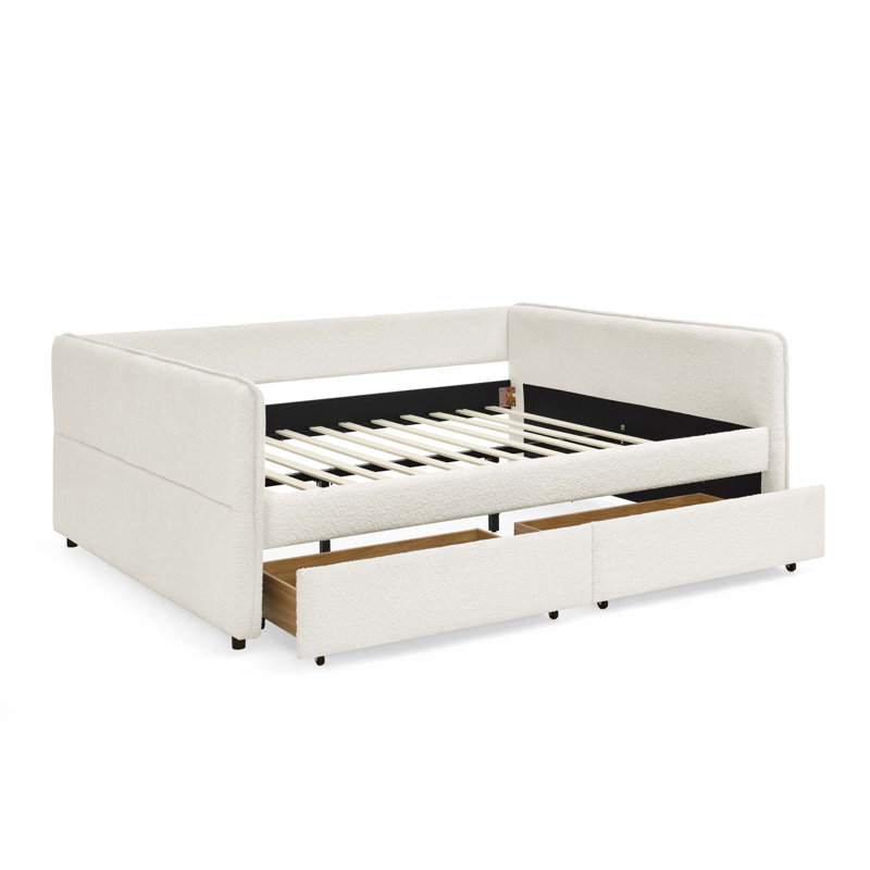 Canapé-lit capitonné avec deux tiroirs, Beige