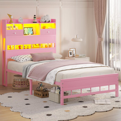 Twin Size Bed Frames With Headboard And 5 Storage Shelves & Under Bed Storage, Platform Bed Frames Twin With Led & Charging Station,no Box Spring Needed