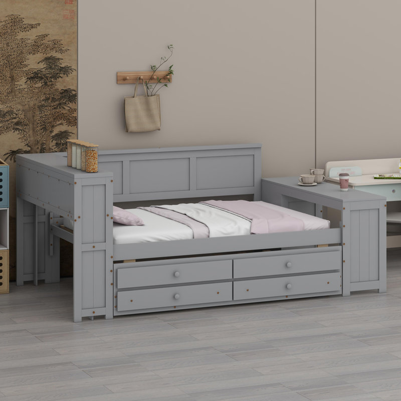 Système de lit de jour polyvalent avec tablettes, tiroirs, bureau et armoire, Gris