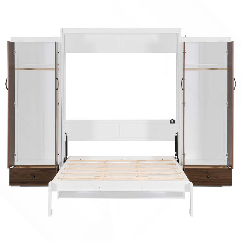 Grand lit escamotable mural avec placard, tiroirs et table
