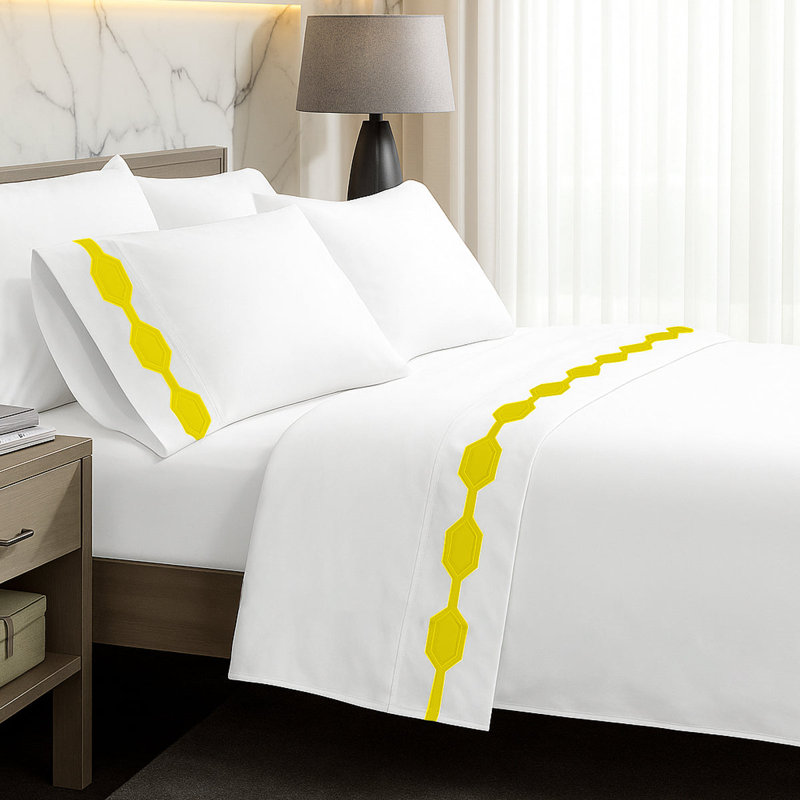 Hexagonal Applique Border Cotton Sheet Set, Full XL Sheet Set, Yellow Border