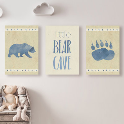 « little bear blue », ensemble de 3 reproductions d’art sur bois
