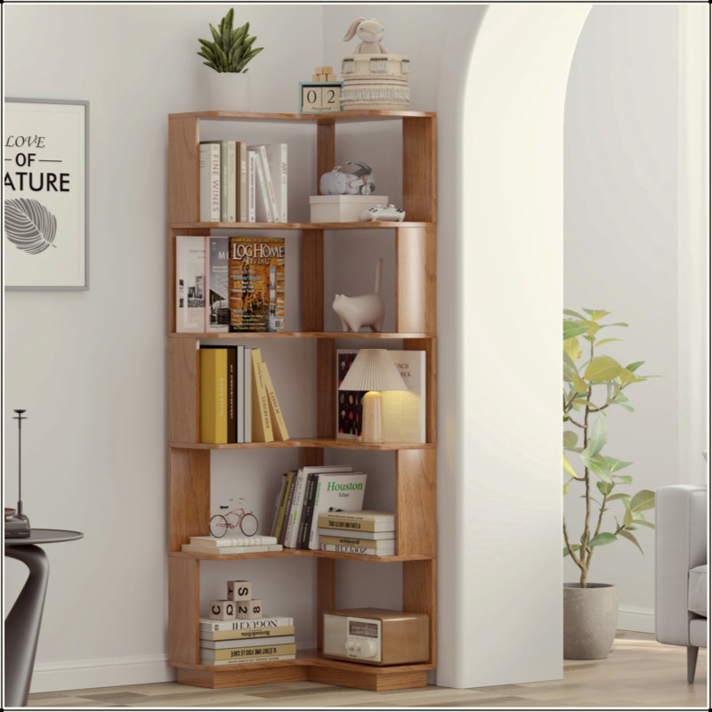 64.6"H 6-Tier L-Shaped Corner Bookshelf – 15mm Thick Wood Grain Particle Board, Anti-Drop Baffle & Anti-Tipping Device for Living Room/Bedroom/Home Office