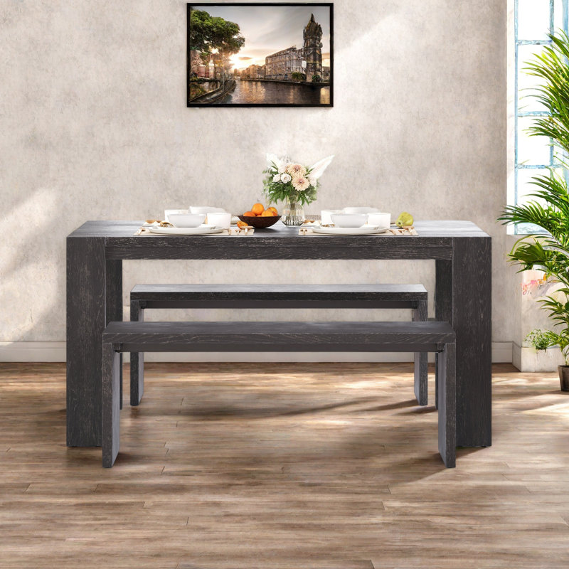 Ensemble de salle à manger 3 pièces de style campagnard simple, table de salle à manger et 2 bancs, pour la salle à manger, la cuisine et le salon