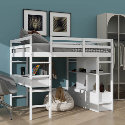 Lit mezzanine double avec bureau intégré, deux tiroirs, espaces de rangement et tiroirs supplémentaires
