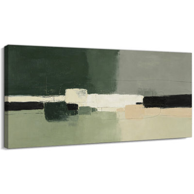 «Timuba», art mural moderne abstrait sur toile, beige et vert, décoration murale minimaliste pour salon au-dessus d'un canapé, peinture de style Mid-Century serein, 24 po x 47 po, prête à être accrochée