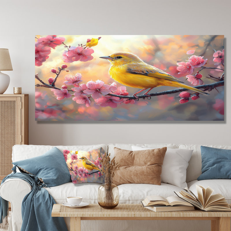 Songbird In Melody Spring Tree III - oiseau, art mural, H 28 po x l 60 po, Toile tendue sur cadre, Ne s’applique pas