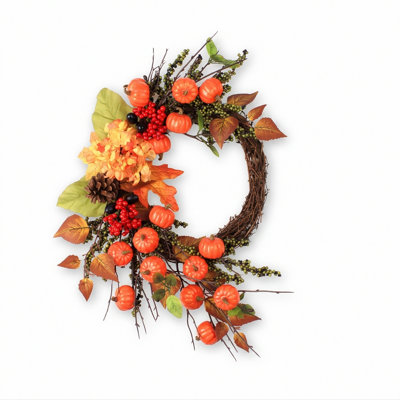 23.6‑Inch Asymmetrical Fall Rattan Wreath, Artificial Hydrangea, Mini Orange Pumpkins, Berries, Pinecone and Autumn Leaves Harvest Wreath for Front‑Door Thanksgiving Decor