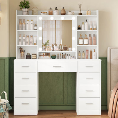 Dressing Table with 3-Color LED Lights Mirror, Adjustable Brightness, Vanity Table Makeup Desk with 9 Drawers and 7 Storage Shelves, Modern Vanity Desk for Bedroom Dressing Room, White