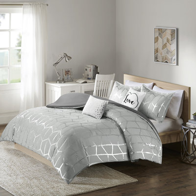 Housse de couette simple moderne en gris avec décoration géométrique argentée