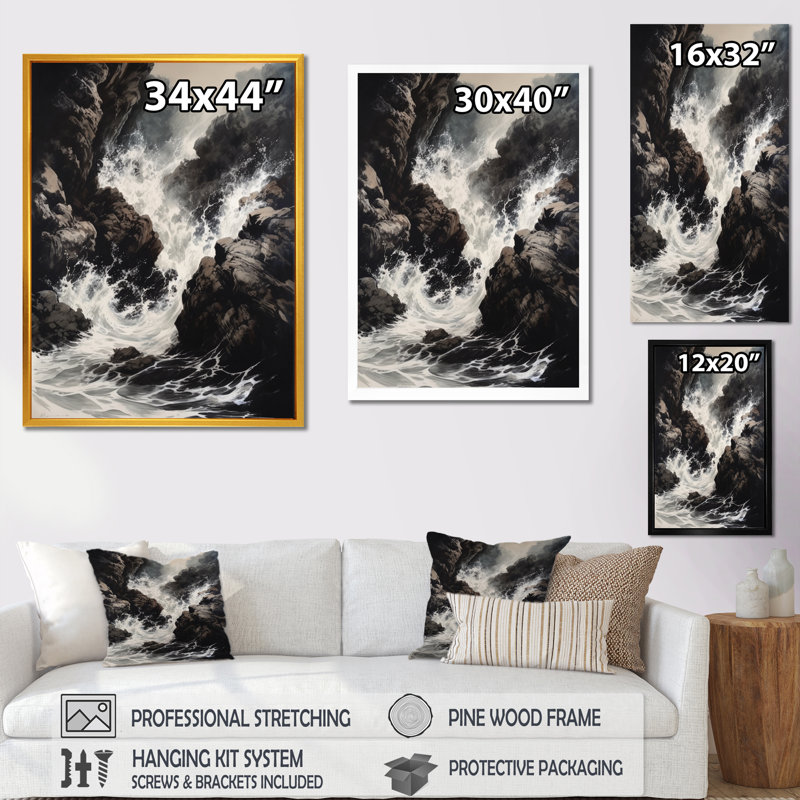 «Crashing Rocky Coastline II», reproduction sur toile, Cadre photo noir, H 20 po x l 12 po x P 1 po