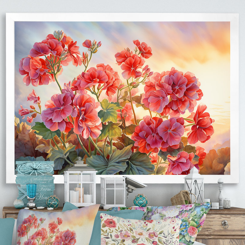 Geraniums Sunset I - reproduction, H 24 po x l 32 po x P 1 po, Cadre simple blanc