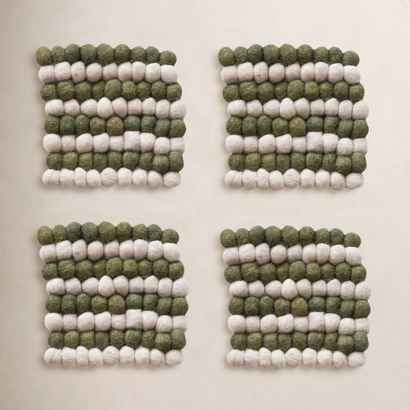 Handmade Wool Felt Ball Coasters, Cream/Green