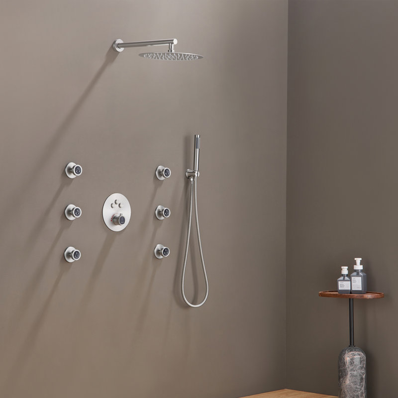 Thermostatic Rainfall Shower System with Rough in-Valve and Shower Body Spray, Brushed Nickel
