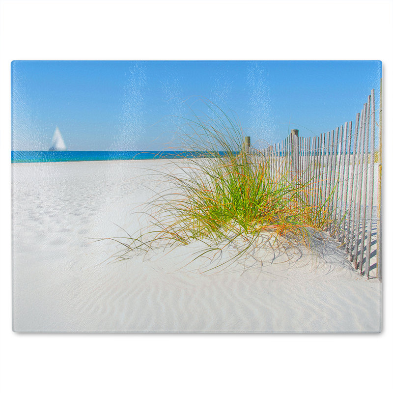 Dune fence by sea grass with sailboat on horizon Designer Glass Chopping Board, 28cm L x 20cm W