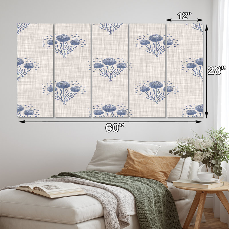 «Vintage Blue Farmhouse Flower», reproduction d'art sur toile à motifs - 60 x 28 - 5 panneaux