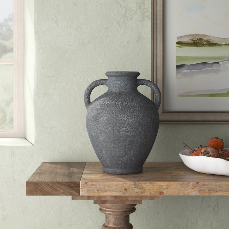 Ceramic Whitewashed Textured Amphora Decorative Vase with 2 Handles