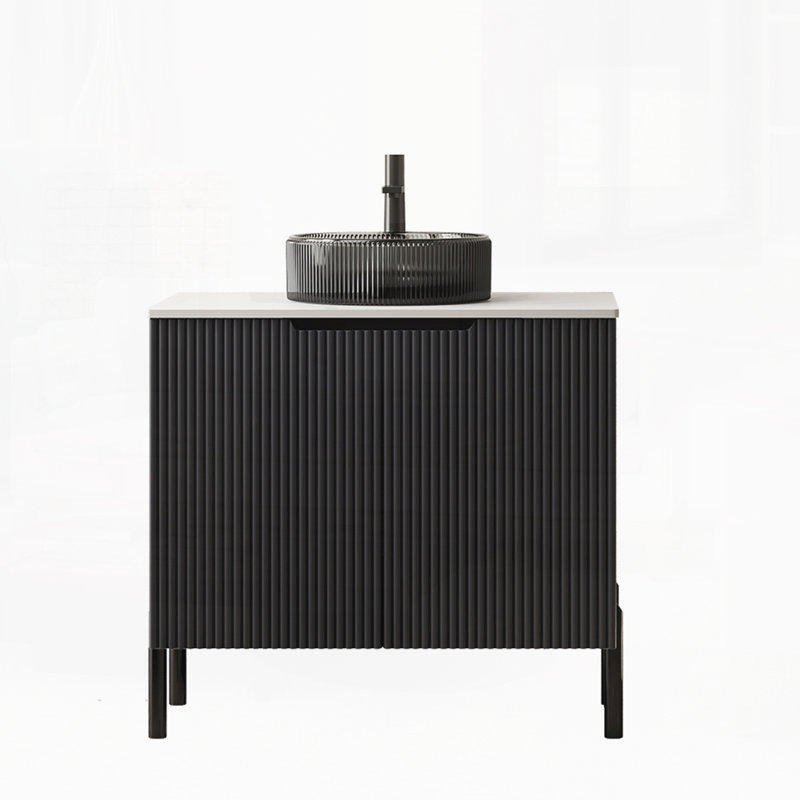 30" Bathroom Vanity with Sink, Freestanding Plywood Bathroom Storage Cabinet, Black, Transparent Black Round, 30"