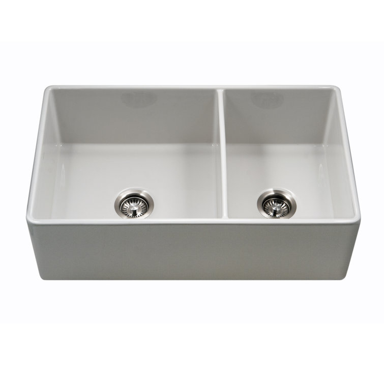 Houzer 33 in Grey Fireclay Apron Front Farmhouse 60/40 Double Small Right Bowl Sink - PTD-6040 GR