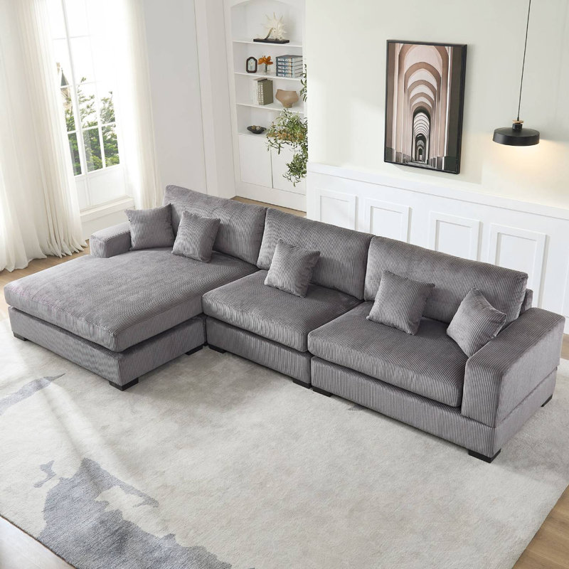 148" Upholstered Soft Sectional With Chaise, Gray Polyester