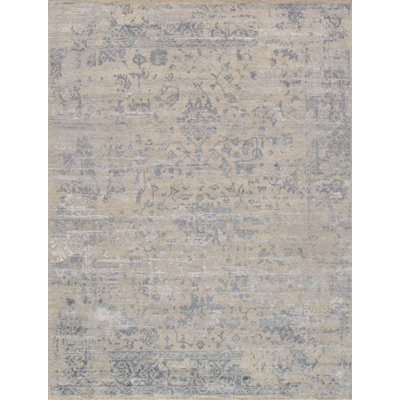 Tapis argenté / bleu en laine et en coton noué à la main 7 pi 11 po x 9 pi 10 po Damask