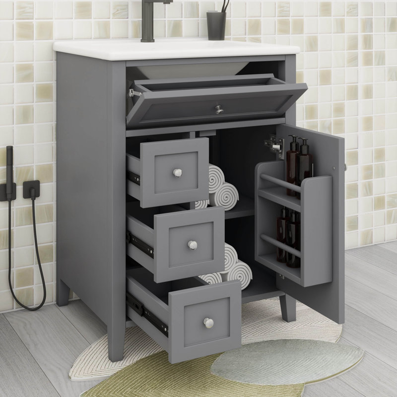 Meuble-lavabo 24 po avec lavabo, 1 tiroir rabattable et 2 tiroirs, tablette réglable, Gris, Argent argent