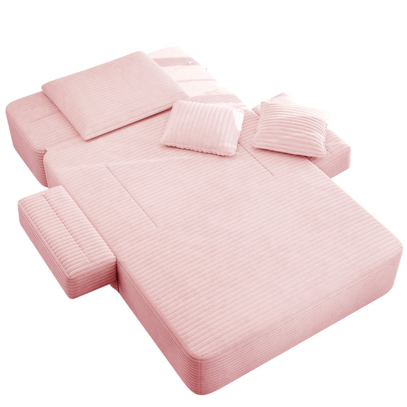 Luxueuse chaise longue en velours côtelé moelleux avec 3 coussins, canapé-lit convertible avec poche de rangement, conception sans cadre et mousse de compression pour les petits espaces, salon, appartement