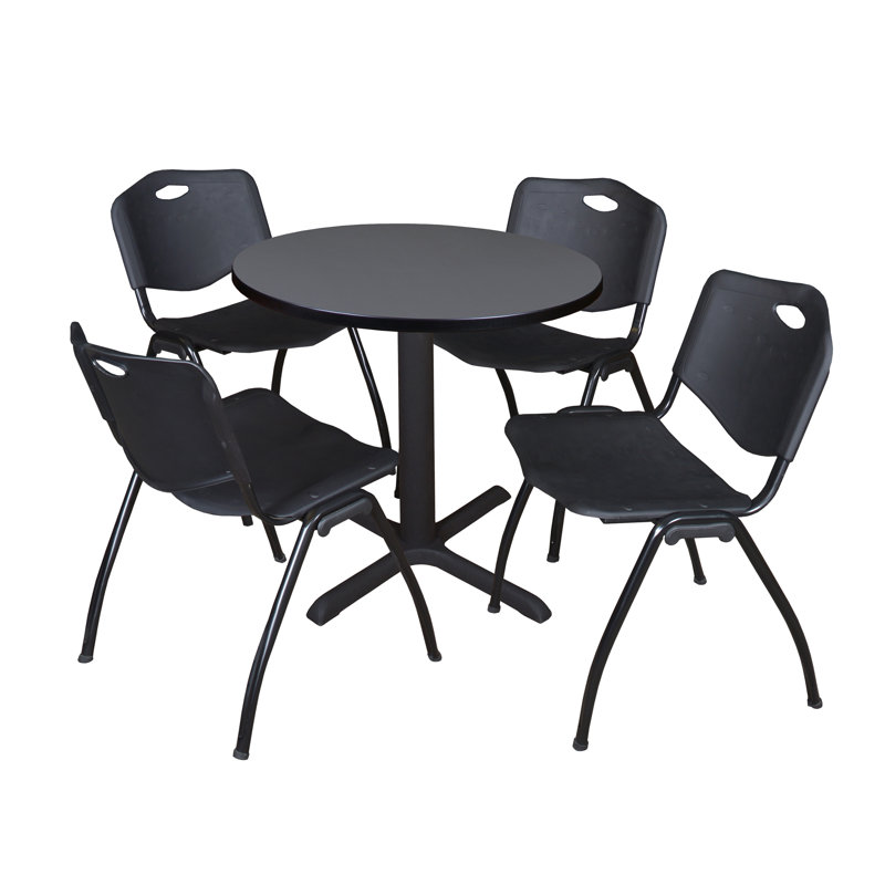 Neyland Cain Round X-Base Breakroom Table & 4 M Stack Chairs, Gray, Black