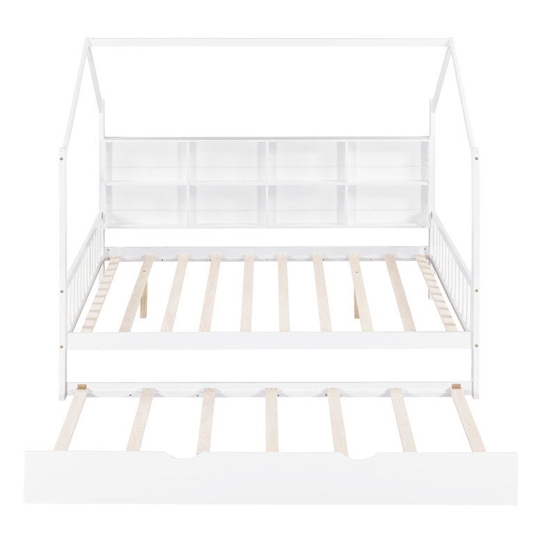 Lit double en bois avec lit gigogne et tablette pour lit scintillant blanc, Lit double