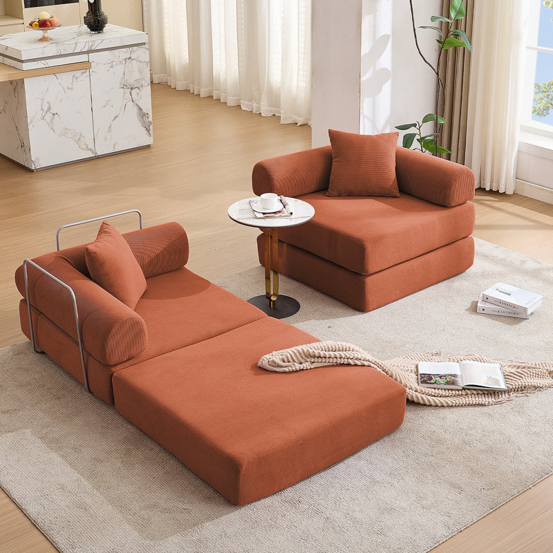 Canapé-lit modulaire pour petits espaces, conception convertible avec accoudoirs amovibles et aucun assemblage requis, tissu en velours côtelé orange
