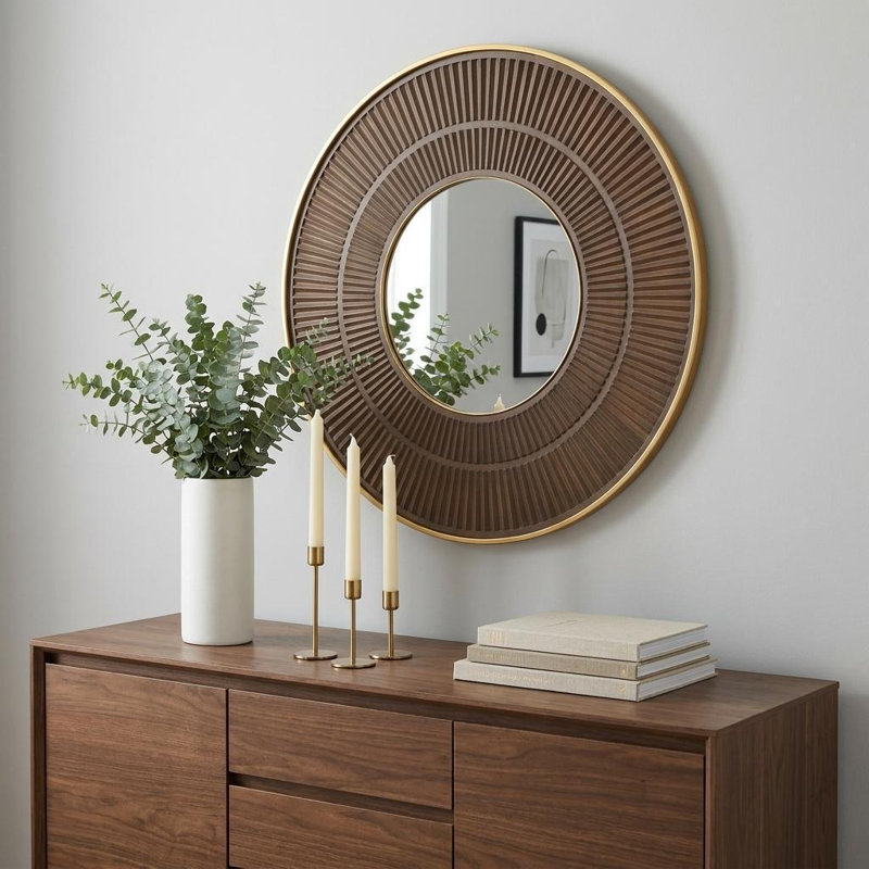 Manufactured Wood Frame Vertical Mirror, 31.5" x 31.5", Brun, Rond