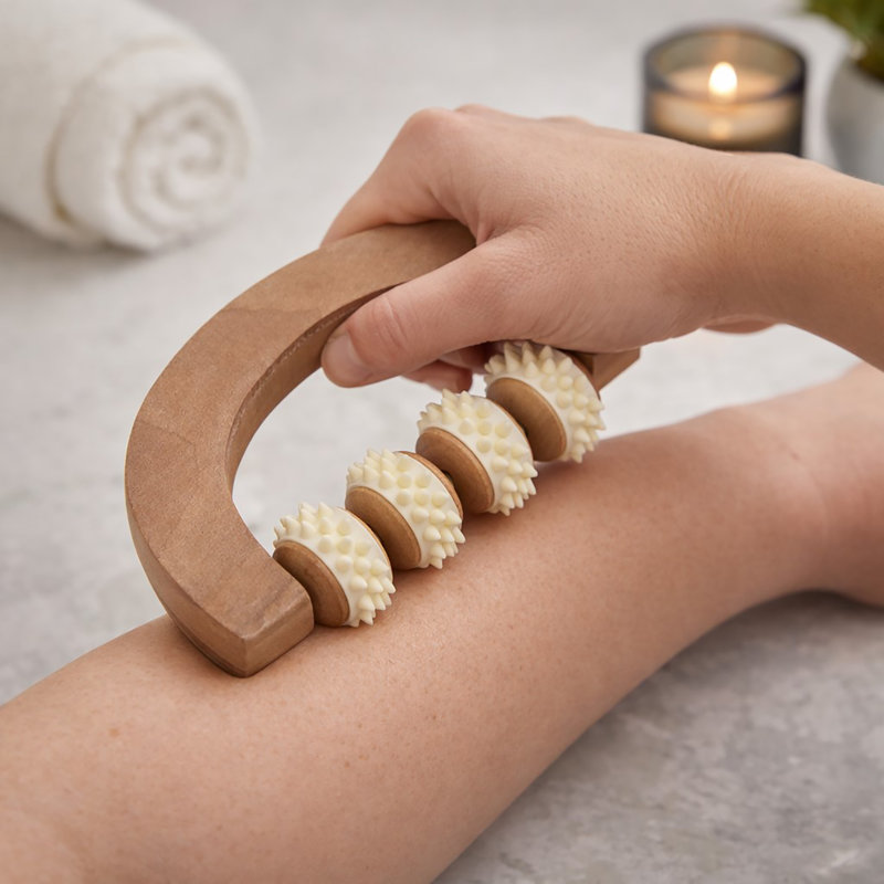 Rouleau de massage portatif en bois naturel - Quatre rouleaux à picots