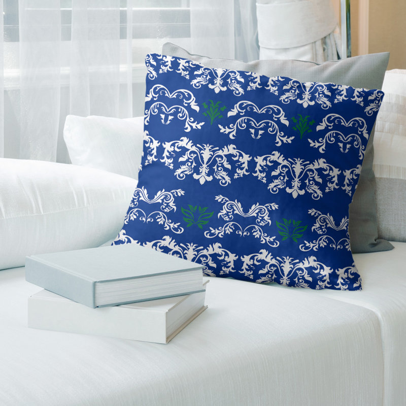 Housse de coussin Seattle Baroque, Bleu marine / blanc / vert, Polyester filé, 14 po x 14 po