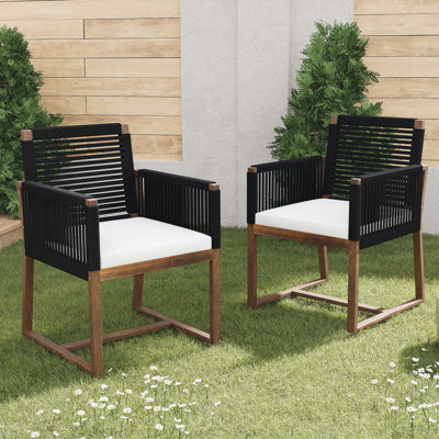 Ensemble de 2 chaises de salle à manger d'extérieur, fauteuil de patio en bois d'acacia avec dossier et accoudoirs en corde et coussin lavable