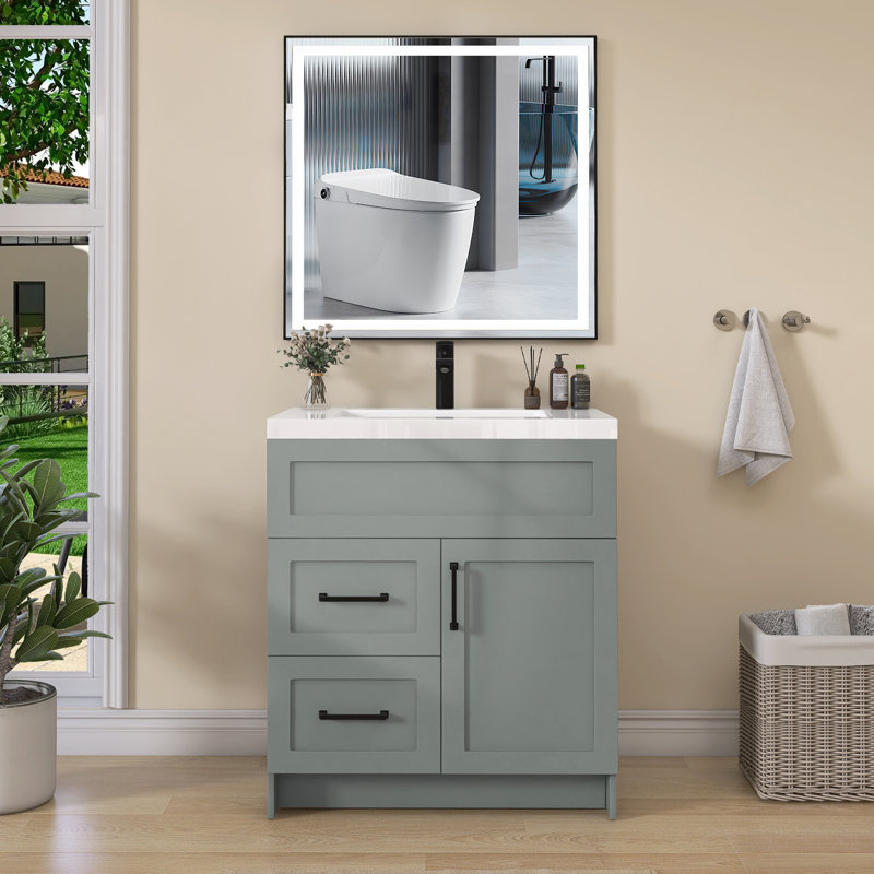 Armoire de salle de bain autoportante 30 po x l 21,5 po x H 33,44 po gris céleste sans plateau, 30"